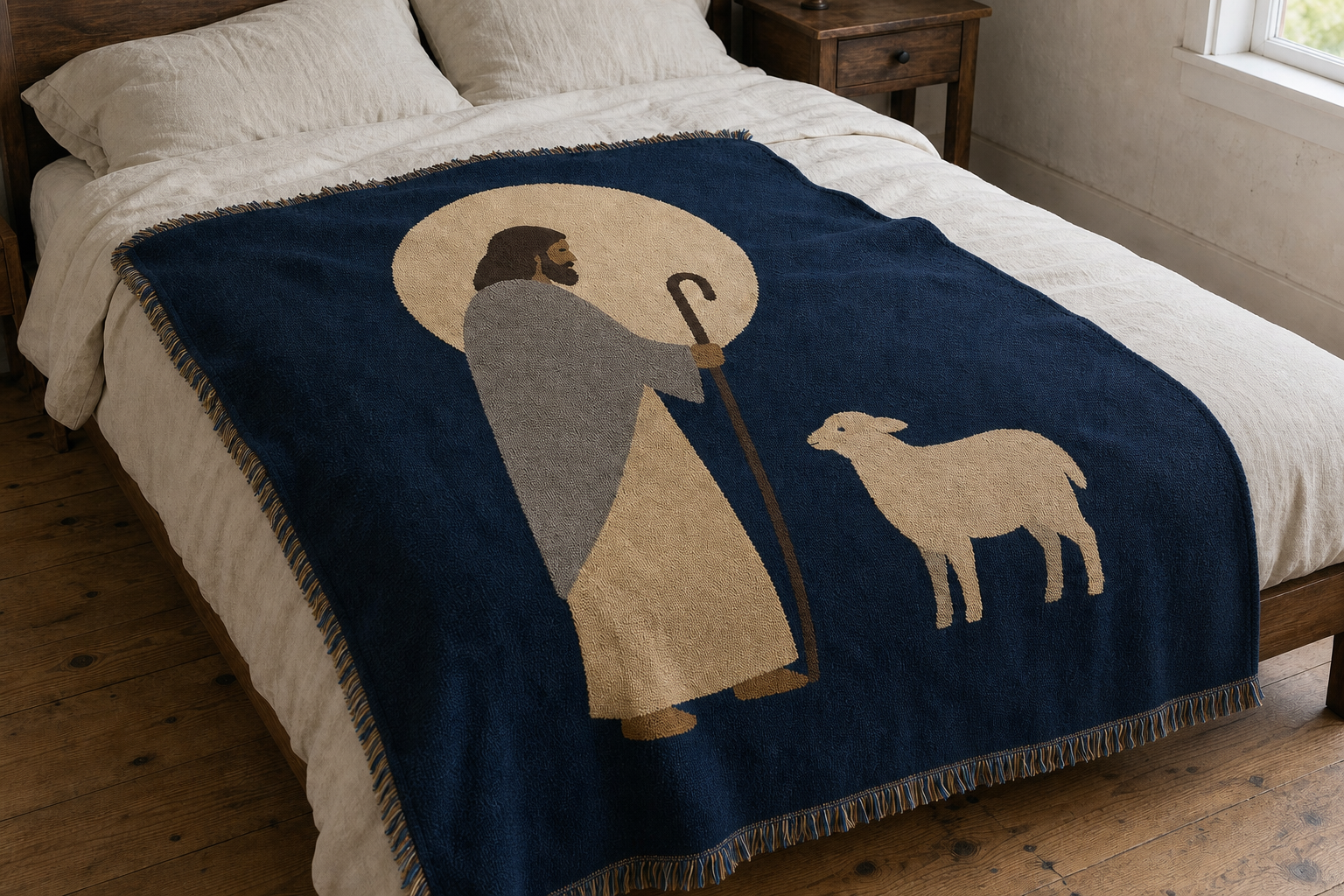 The Good Shepherd jacquard woven blanket with a shepherd and flock design in midnight navy, cream, and stone