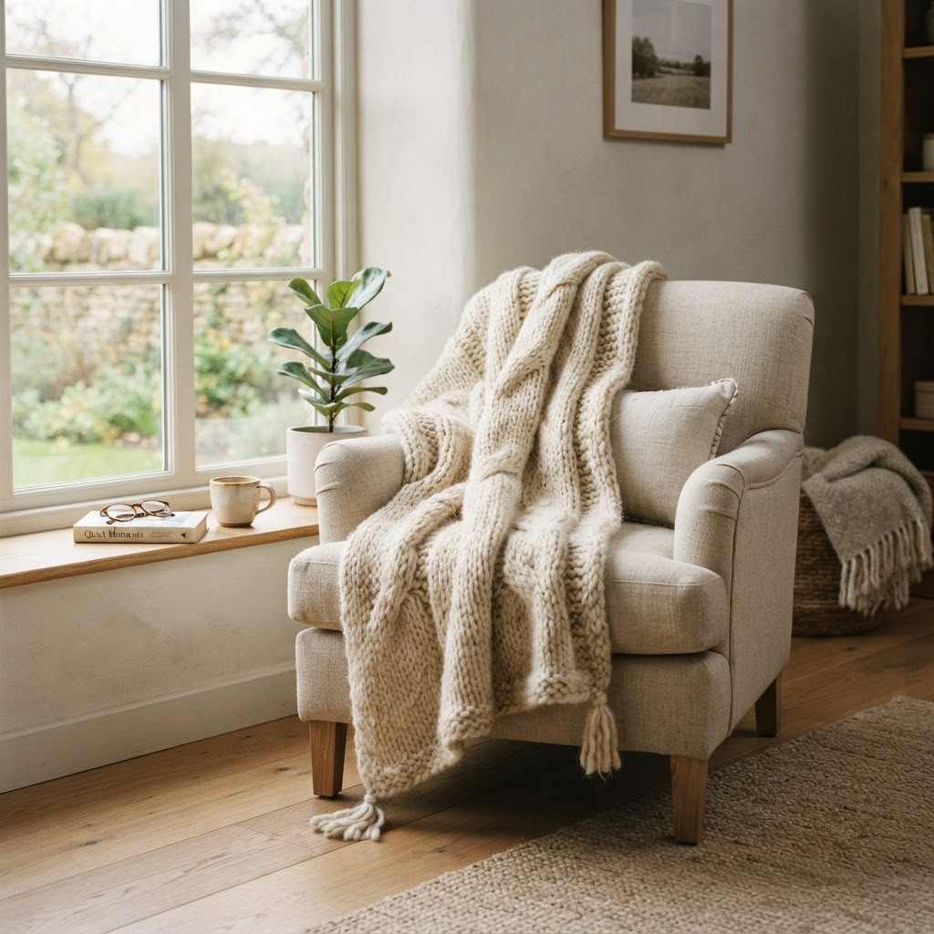 A handmade cream knit throw blanket draped over a linen armchair in warm morning light