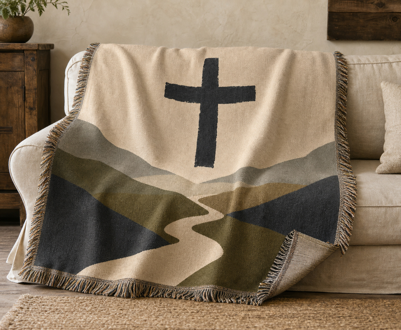 The Way Home jacquard woven blanket with a cross and winding path design in sand, charcoal, and olive