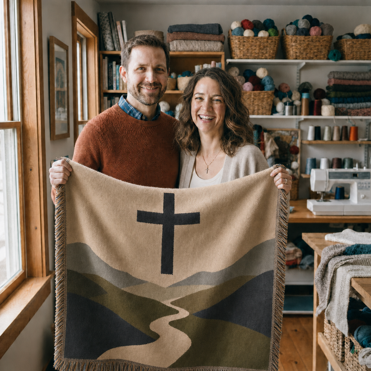 Daniel and Sarah, the husband-and-wife founders of Comfort & Cross, holding The Way Home Blanket in their studio