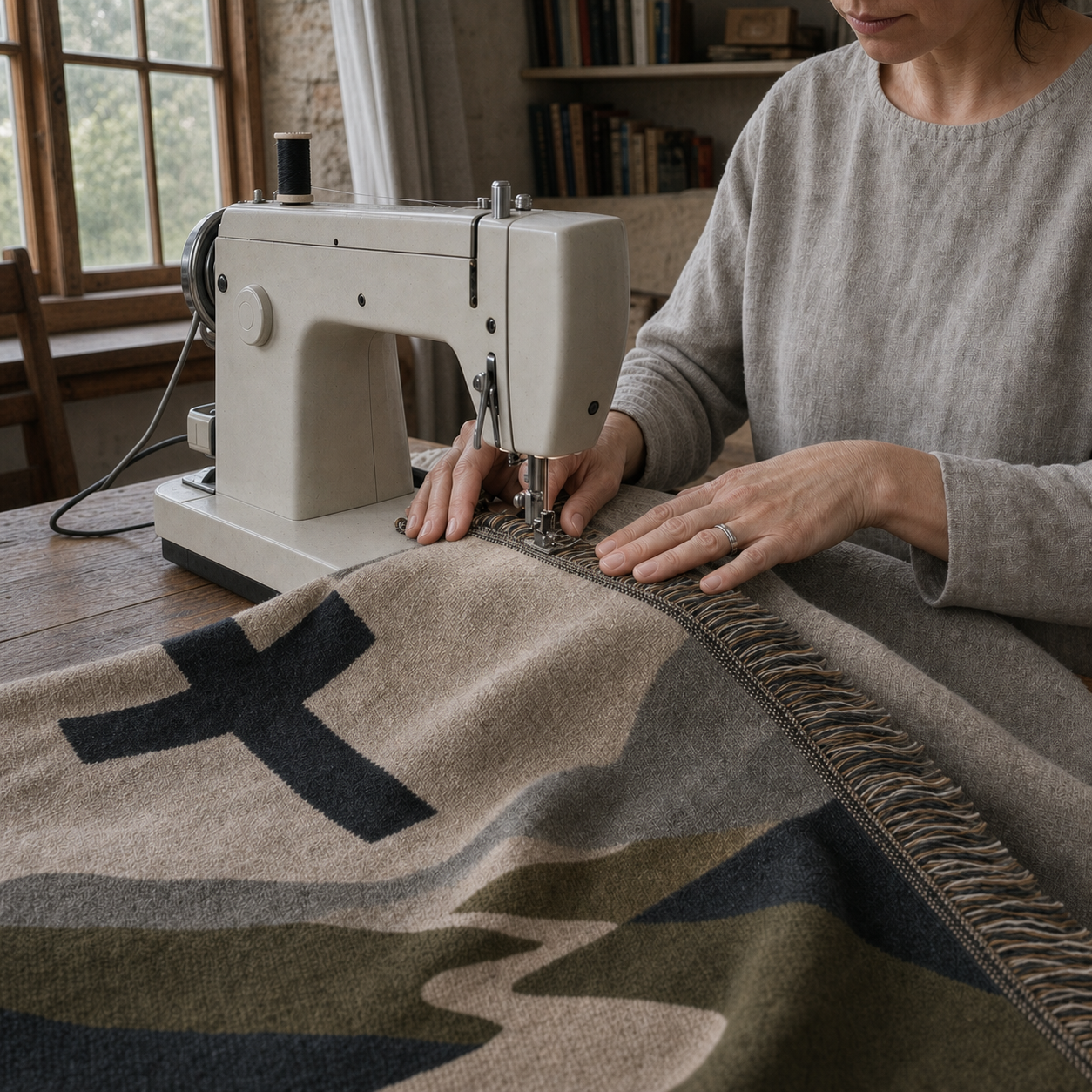 Sarah carefully sewing the fringed edge of The Way Home Blanket in the Comfort & Cross studio